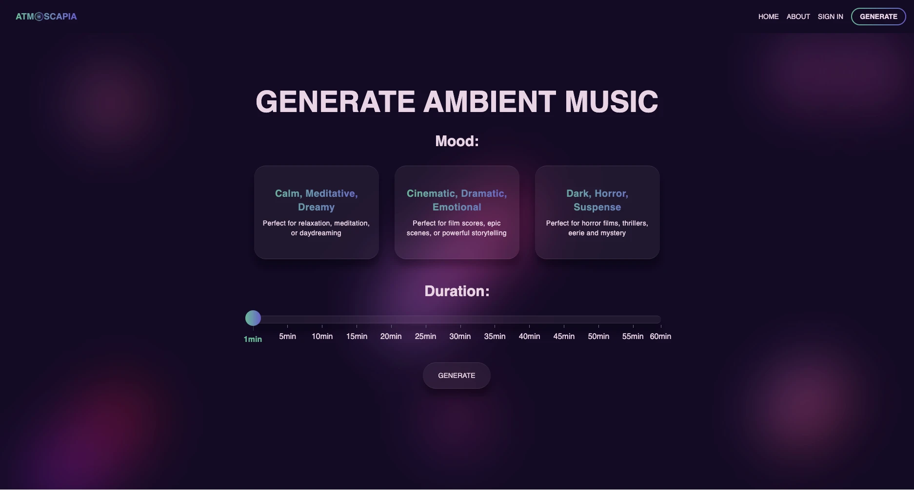 Starting Page for Atmoscapia's Ambient Music Generator