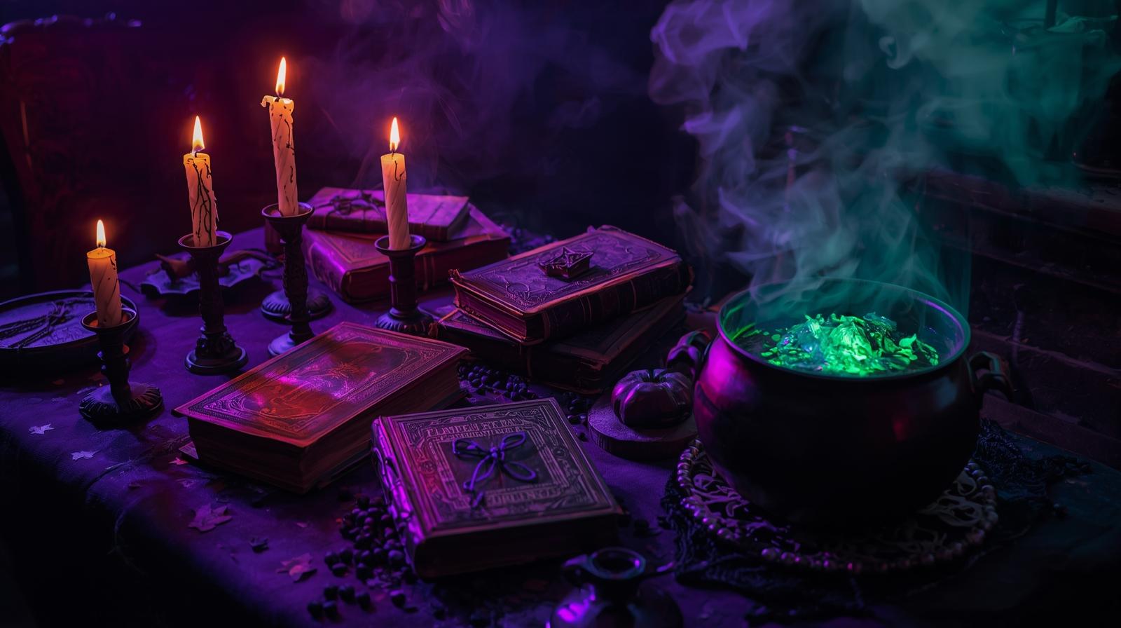 Dark mystical ritual scene with candles and magical elements